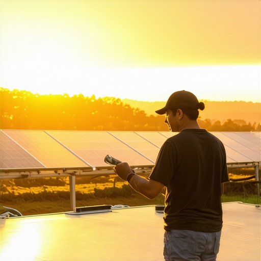 Inspecting Solar Panels in Nature Person inspecting solar panels outdoors at sunset