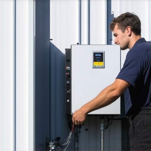 Technician inspecting inverter in ventilated enclosure